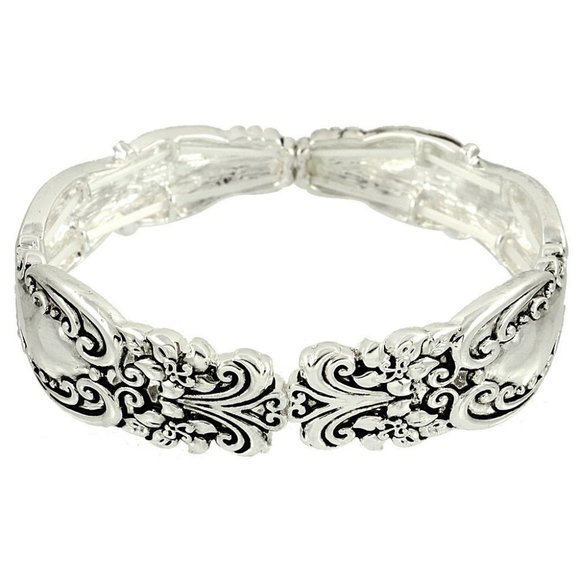 Spoon Bracelet Stretch Bangle Floral Filigree Swirl SILVER - Picture 1 of 1